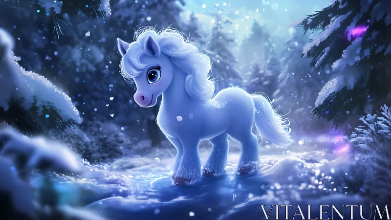 Snowy blue pony explores a sparkling winter forest dream