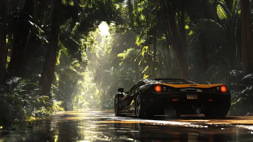 Rain-slick jungle roadway with hypercar under volumetric light.