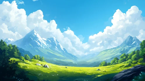 Sunlit mountain meadow cradled by clouds and quiet peaks.