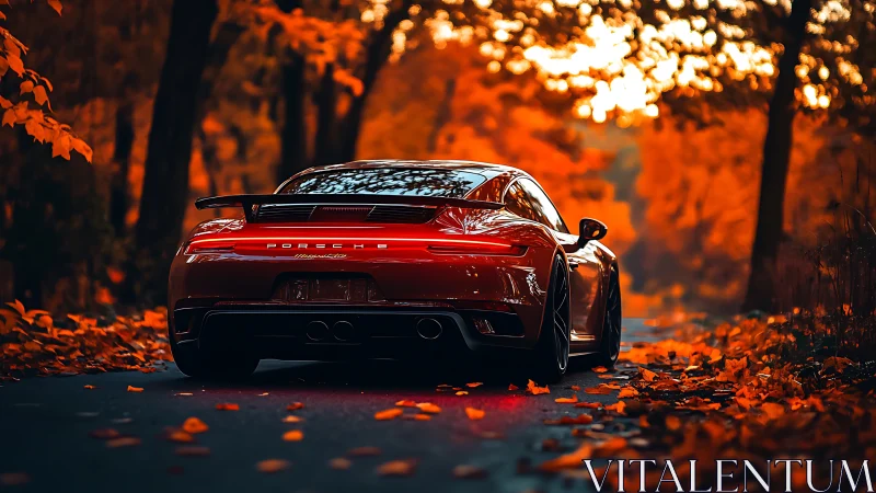Scarlet sports coupe on forest road in vivid autumn glow.