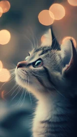 Cat gazing upward with warm bokeh lights.