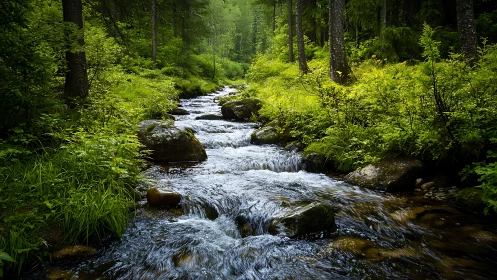 Serene Forest Stream Flowing Through Lush Green Woodland Scene.