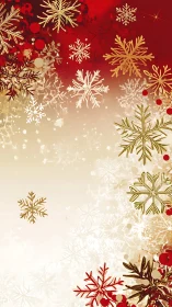 Gold and white snowflakes on red seasonal gradient background.