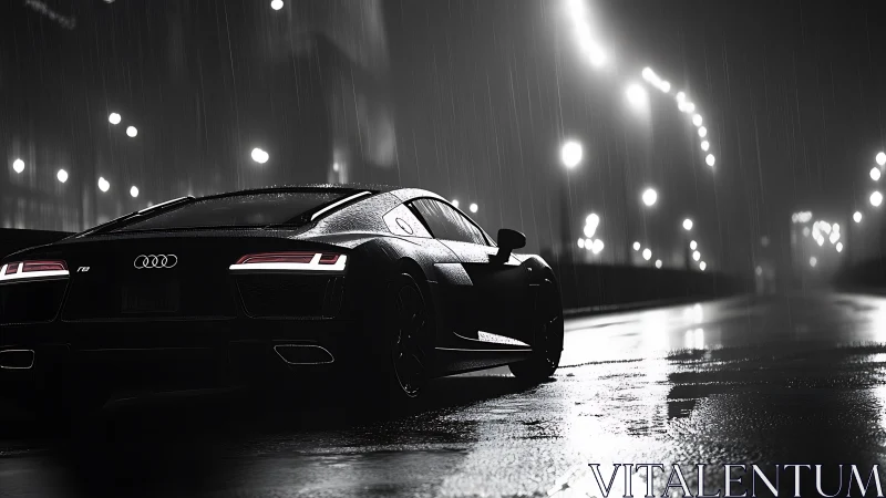 Audi R8 parked on wet city street at night in rainfall.