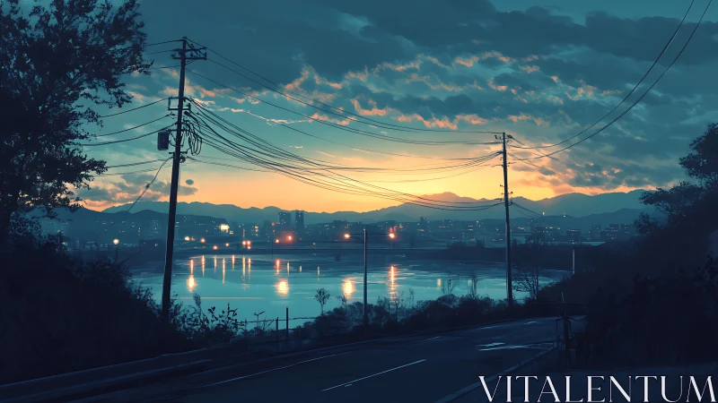 Urban lakeside road at dusk with power lines and skyline.