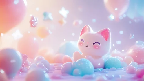 Serene Maneki-neko Cat Among Pastel Spheres and Glowing Bokeh.
