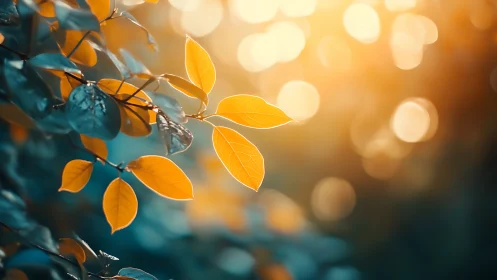 Golden leaves glow softly against a dreamy teal forest bokeh