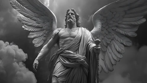 Winged marble figure with staff against clouded sky.