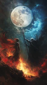 Celestial duel beneath the burning moonlit sky.