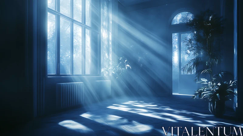 Sunlit indoor garden filled with calm morning blue light.