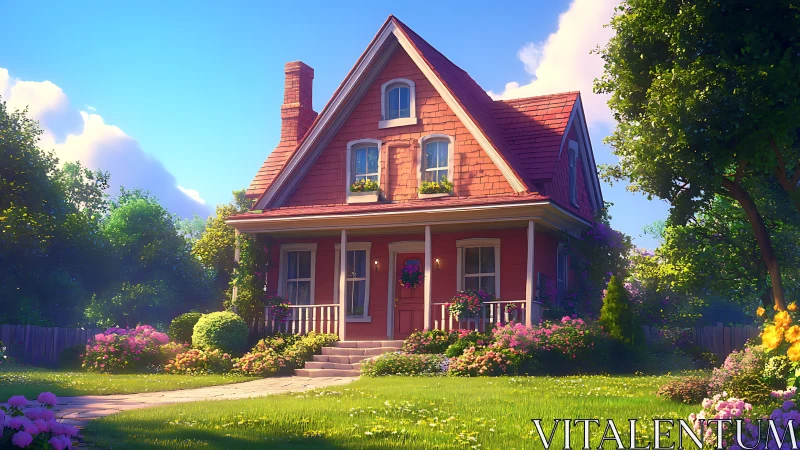 Storybook cottage exterior in lush summer garden lighting.