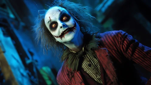 Sinister clown portrait under moody teal-blue lighting.