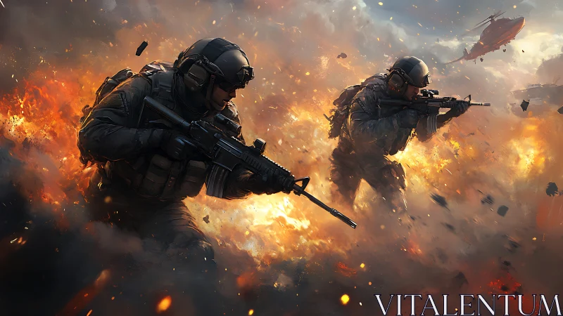 Two Soldiers in Combat During Explosive Battle.