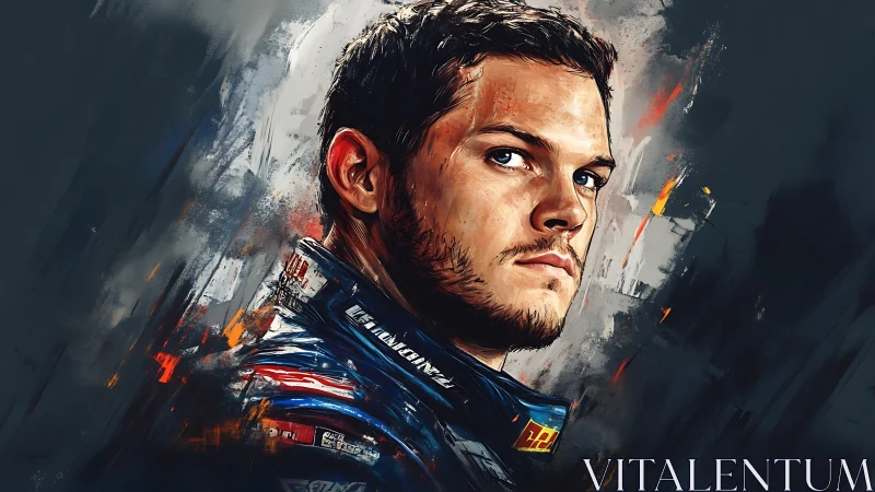 Smoldering portrait of determined race driver in motion brushwork.