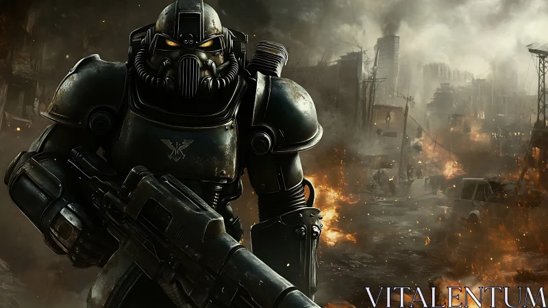 Armored sci fi soldier advancing through burning warzone.