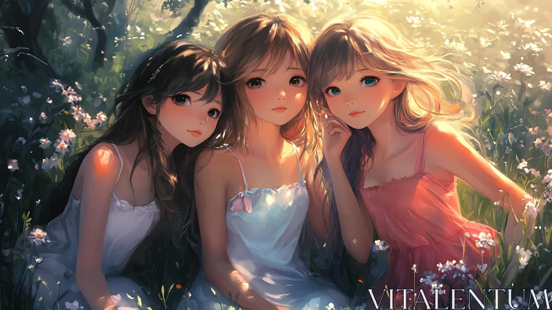 Triadic anime portrait in bokeh-lit meadow luminance field.