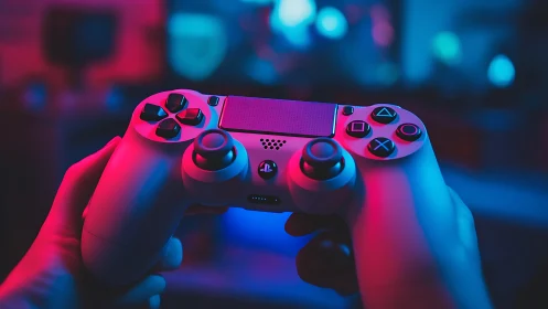 PlayStation Controller Held with Neon Lighting.