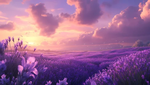 Lavender horizon under glowing sunset clouds panorama.