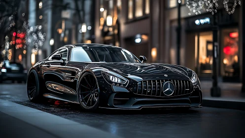 Sleek black Mercedes coupe gleams under vibrant city lights