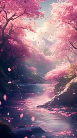 Soft cherry blossom river drifts toward distant snowy peaks