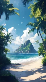 Tropical Beach Paradise: Mountain Island Vista at Sunset.