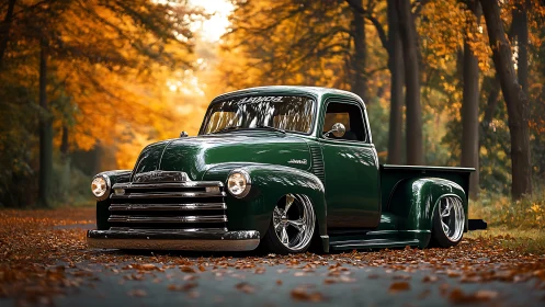 Lowered vintage green pickup truck in autumn forest road.