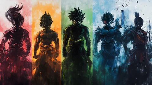 Elemental warrior silhouettes in vivid vertical spectrum panels.