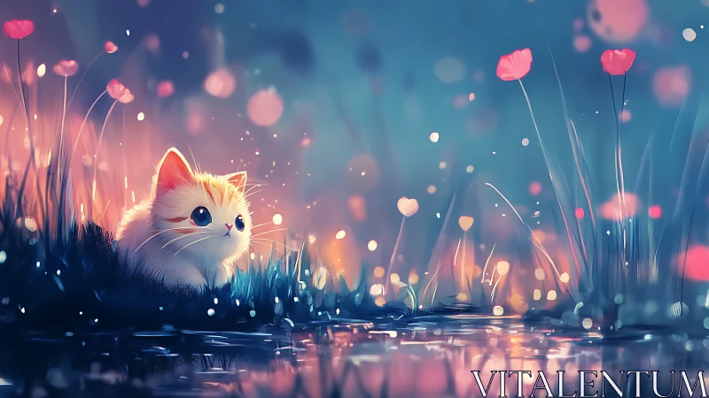 Luminescent Feline in Enchanted Flora Field: Digital Fantasy Illustration.