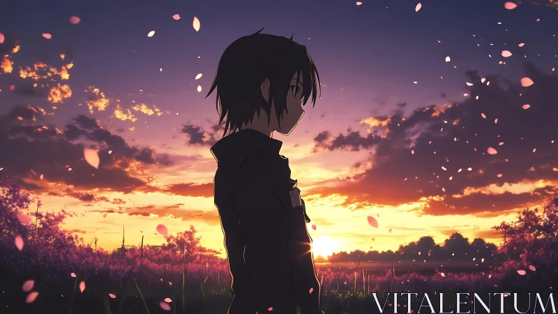 Solitary anime figure in field under warm sunset sky.