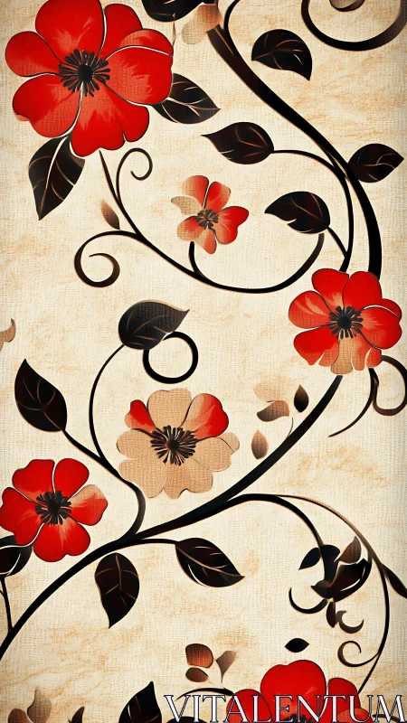 Scarlet vine arabesque on parchment-kissed floral canvas.