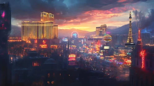 Neon twilight drapes a dreamlike casino canyon in molten color