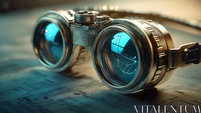 Steampunk-style goggles on technical drafting plans.