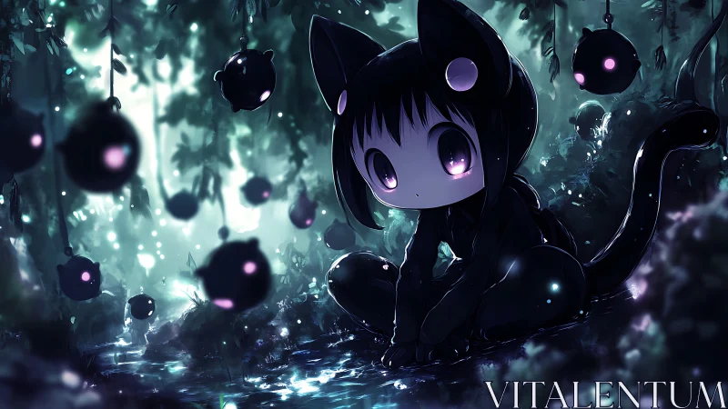 Soft-eyed cat child rests in a glowing midnight forest dream