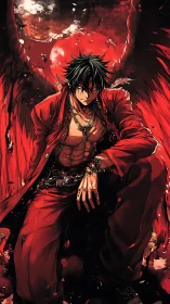 Winged male figure in red outfit against crimson moon sky.