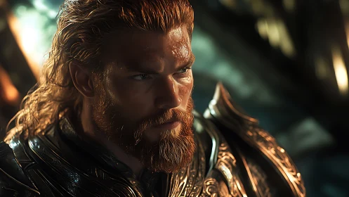 Golden-haired warrior in glowing armor gazes ahead.