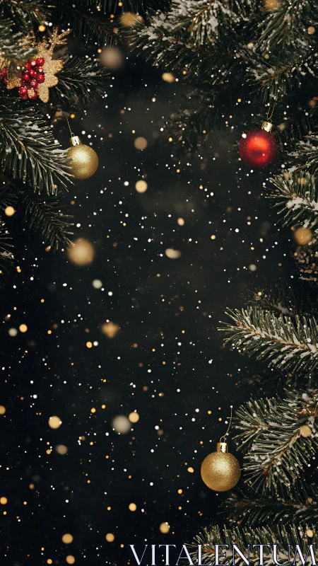Snowy Christmas tree branches frame glowing baubles scene.