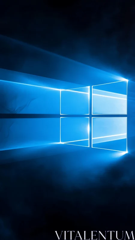 Luminous quadrilateral window icon with volumetric light rays.