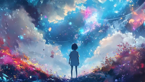 Celestial horizon vista with solitary figure in luminous palette.