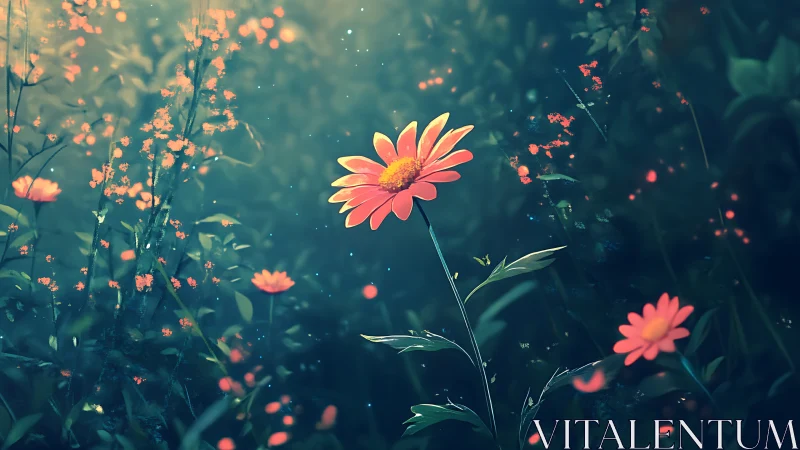 Coral Daisy Field Glowing Soft Light Ethereal Garden.