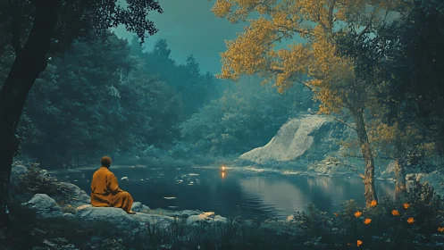 Solitary robed figure observes illuminated lake under teal dusk