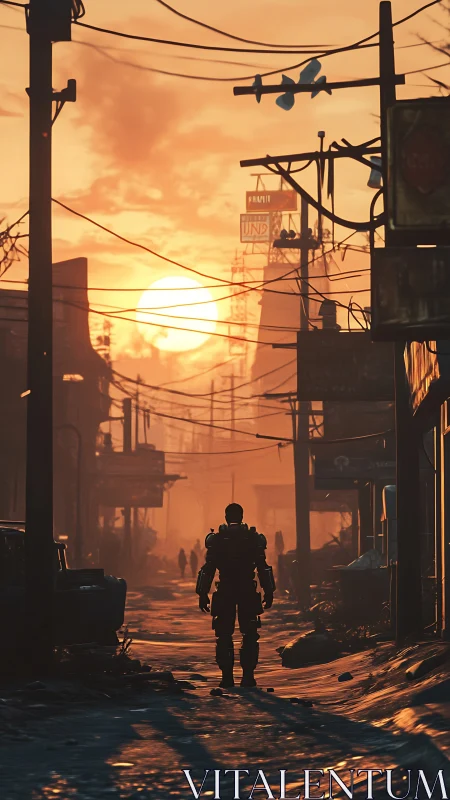 Armored wanderer walks ruined street at burning sunset.