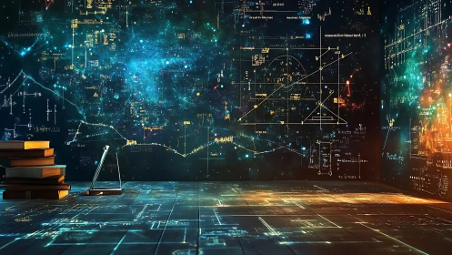 Cosmic equations mapping a luminous sci‑fi study room.