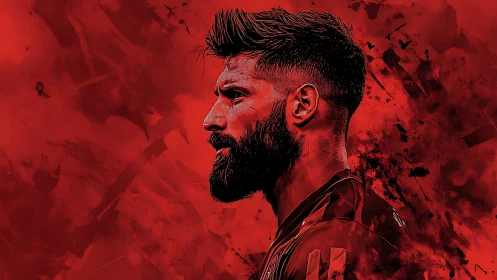 Red digital portrait of bearded football player in profile.