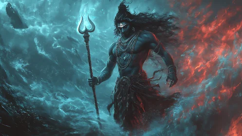 Mythic warrior figure amid contrasting fire and water.