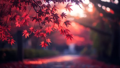 Red maple leaves over defocused path in soft light.