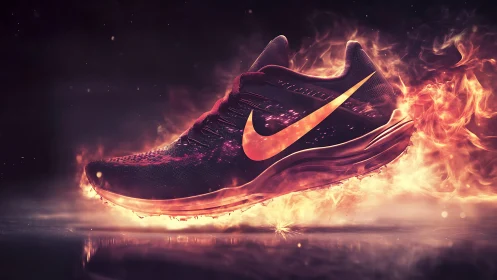 Running shoe isolated in flames on dark promotional background.