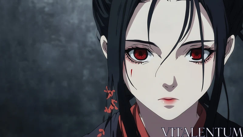 Scarlet-eyed warrior holds her silence like a drawn blade