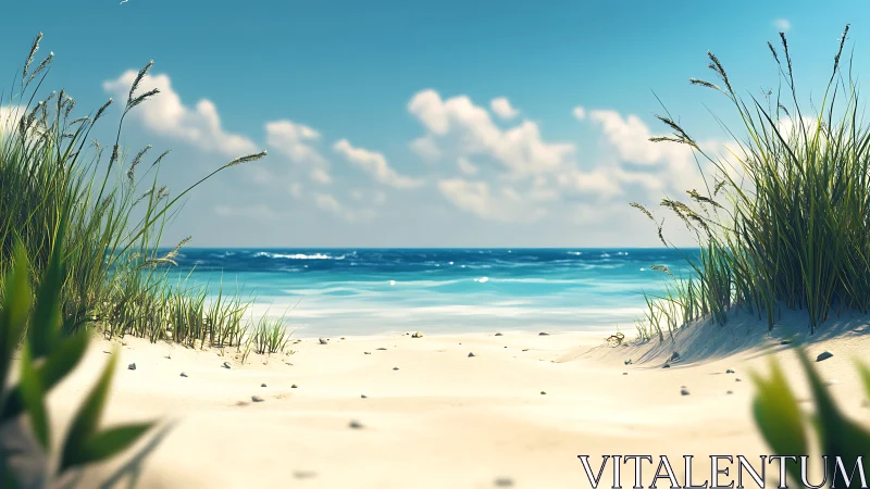 Sunlit dune path opening toward calm turquoise sea horizon.