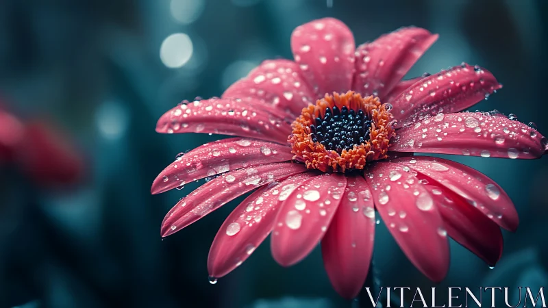 Pink Gerbera Daisy with Raindrops on Teal Background.