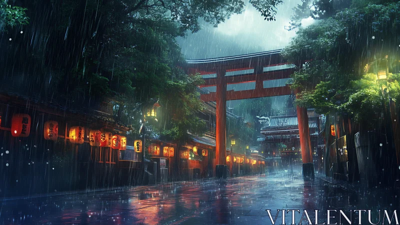 Rain falls on lantern lit Japanese shrine street at night